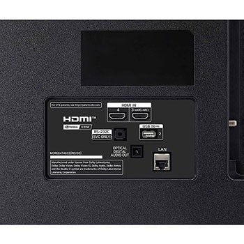 Detailansicht der Rückseite des LG OLED AI B4 4K Smart TVs mit HDMI IN 3 (eARC/ARC) und 4, USB IN 2, optischem Digital-Audio-Ausgang, RS‑232C-Serviceport, LAN- und ANT/Cable-Anschlüssen.