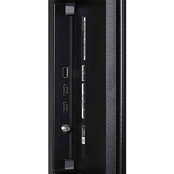Nahaufnahme der Seitenansicht des LG OLED AI B4 4K Smart TVs mit HDMI IN 1 & 2, USB IN 1 und ANT/Cable-Eingang an der Seitenkante.