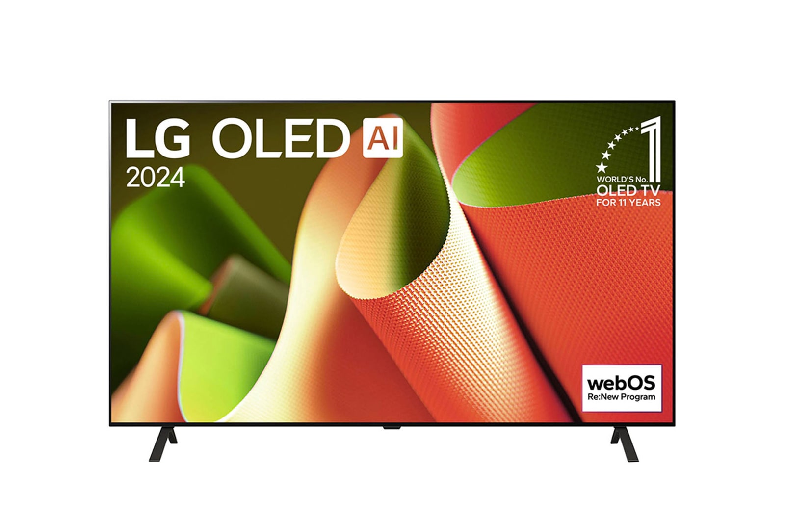 Frontansicht des LG OLED AI B4 4K Smart TVs mit rahmenlosem Design, „LG OLED AI 2024“- und „Weltweit Nr. 1 OLED-TV seit 11 Jahren“-Logos sowie webOS Re:New Program Branding.