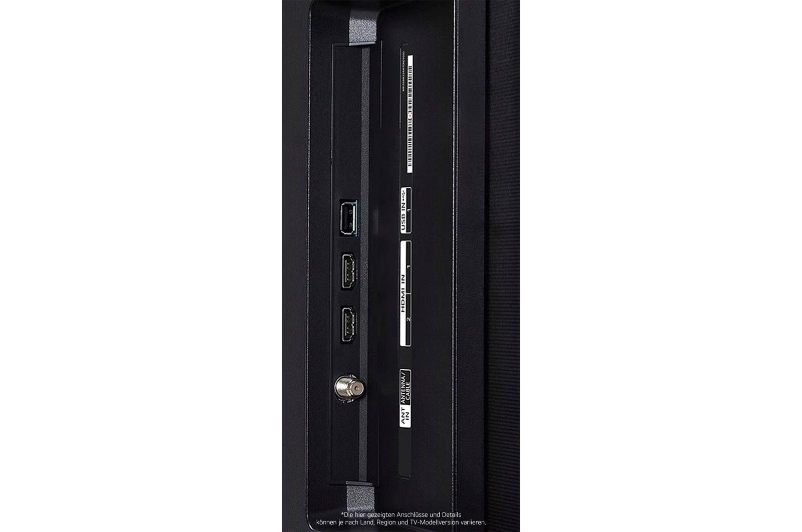Nahaufnahme der Seitenansicht des LG OLED AI B4 4K Smart TVs mit HDMI IN 1 & 2, USB IN 1 und ANT/Cable-Eingang an der Seitenkante.