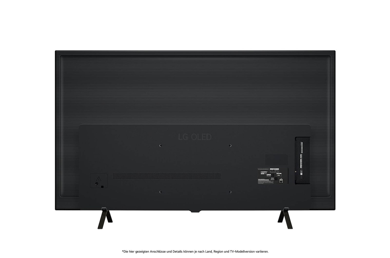Rückansicht des LG OLED AI B4 4K Smart TVs mit ebenem Rückgehäuse und zwei V-förmigen Standfüßen.