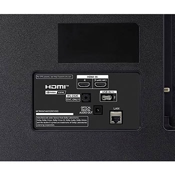 Detailansicht der Rückseite des LG OLED AI B4 4K Smart TVs mit HDMI IN 3 (eARC/ARC) und 4, USB IN 2, optischem Digital-Audio-Ausgang, RS‑232C-Serviceport, LAN- und ANT/Cable-Anschlüssen.