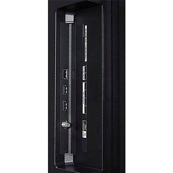 Nahaufnahme der Seitenansicht des LG OLED AI B4 4K Smart TVs mit HDMI IN 1 & 2, USB IN 1 und ANT/Cable-Eingang an der Seitenkante.