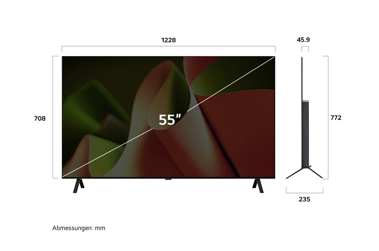 Abmessungsdiagramm des LG OLED AI B4 4K Smart TVs: Breite 1228mm, Höhe 708 mm (Panel), 772 mm mit Standfuß, Tiefe 45,9 mm ohne Standfuß, 235 mm mit Standfuß.