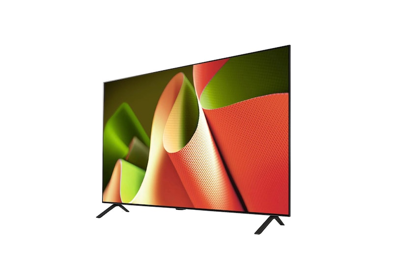Rechtsseitige flache Ansicht des LG OLED AI B4 4K Smart TVs, die sein ultradünnes Gehäuse und die V-förmigen Standfüße hervorhebt.