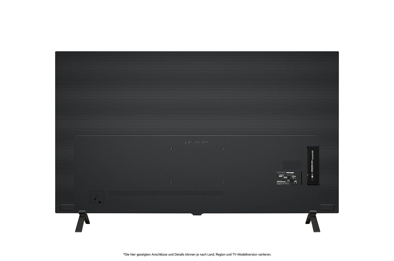 Rückansicht des LG OLED AI B4 4K Smart TVs mit ebenem Rückgehäuse und zwei V-förmigen Standfüßen.