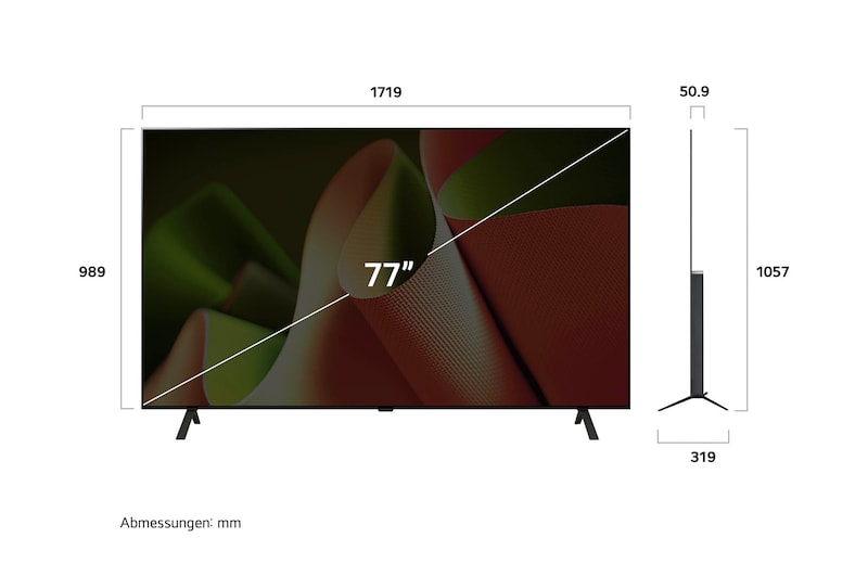 Abmessungsdiagramm des LG OLED AI B4 4K Smart TVs: Breite 1719 mm, Höhe 989 mm (Panel), 1057 mm mit Standfuß, Tiefe 50,9 mm ohne Standfuß, 319 mm mit Standfuß.