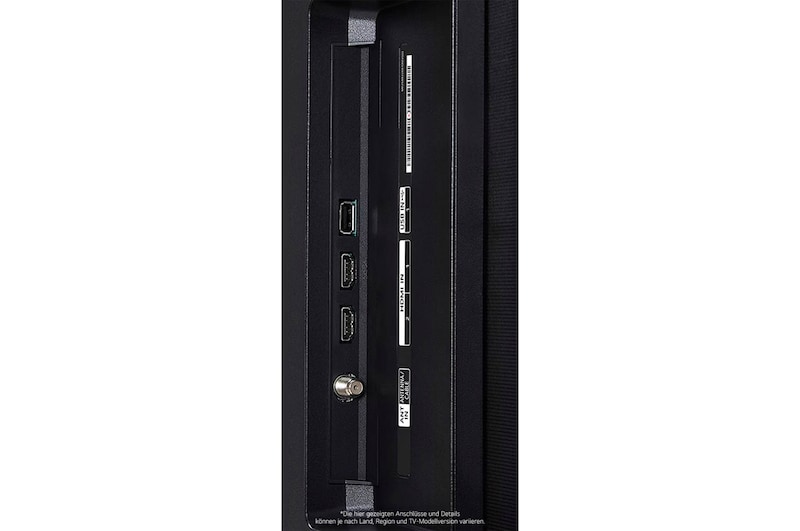 Nahaufnahme der Seitenansicht des LG OLED AI B4 4K Smart TVs mit HDMI IN 1 & 2, USB IN 1 und ANT/Cable-Eingang an der Seitenkante.
