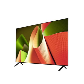 Rechtsseitige flache Ansicht des LG OLED AI B4 4K Smart TVs, die sein ultradünnes Gehäuse und die V-förmigen Standfüße hervorhebt.