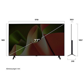 Abmessungsdiagramm des LG OLED AI B4 4K Smart TVs: Breite 1719 mm, Höhe 989 mm (Panel), 1057 mm mit Standfuß, Tiefe 50,9 mm ohne Standfuß, 319 mm mit Standfuß.