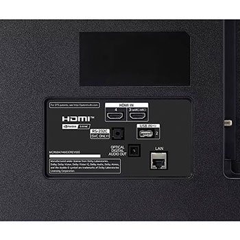 Detailansicht der Rückseite des LG OLED AI B4 4K Smart TVs mit HDMI IN 3 (eARC/ARC) und 4, USB IN 2, optischem Digital-Audio-Ausgang, RS‑232C-Serviceport, LAN- und ANT/Cable-Anschlüssen.