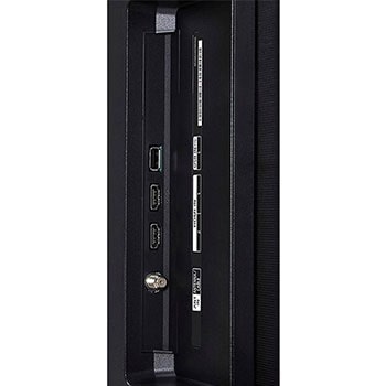 Nahaufnahme der Seitenansicht des LG OLED AI B4 4K Smart TVs mit HDMI IN 1 & 2, USB IN 1 und ANT/Cable-Eingang an der Seitenkante.