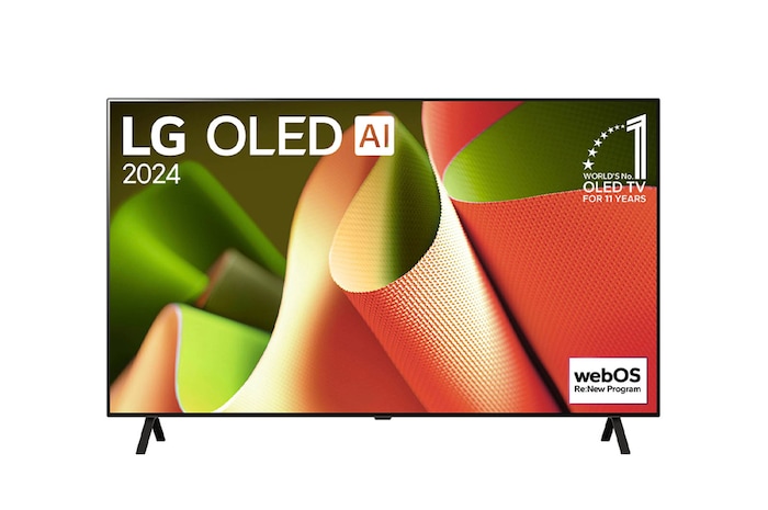 Frontansicht des LG OLED AI B4 4K Smart TVs mit rahmenlosem Design, „LG OLED AI 2024“- und „Weltweit Nr. 1 OLED-TV seit 11 Jahren“-Logos sowie webOS Re:New Program Branding.
