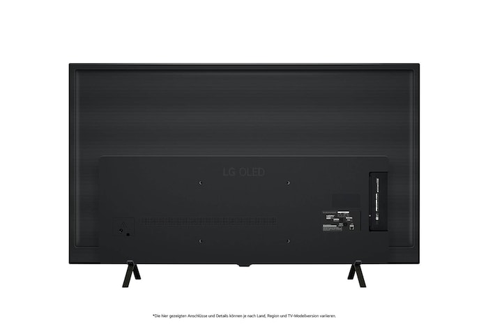 Rückansicht des LG OLED AI B4 4K Smart TVs mit ebenem Rückgehäuse und zwei V-förmigen Standfüßen.