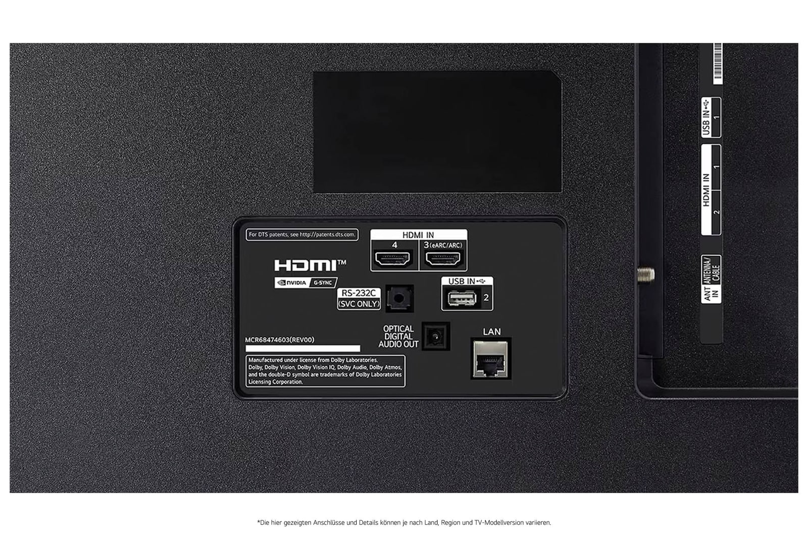 Detailansicht der Rückseite des LG OLED AI B4 4K Smart TVs mit HDMI IN 3 (eARC/ARC) und 4, USB IN 2, optischem Digital-Audio-Ausgang, RS‑232C-Serviceport, LAN- und ANT/Cable-Anschlüssen.