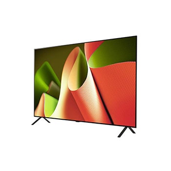 Rechtsseitige flache Ansicht des LG OLED AI B4 4K Smart TVs, die sein ultradünnes Gehäuse und die V-förmigen Standfüße hervorhebt.