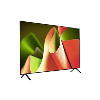 Tief geneigte Ansicht von der rechten Seite des LG OLED AI B4 4K Smart TV, die sein schlankes Seitenprofil und den Standfuß zeigt.