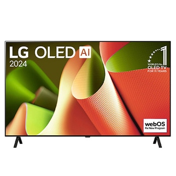 Frontansicht des LG OLED AI B4 4K Smart TVs mit rahmenlosem Design, „LG OLED AI 2024“- und „Weltweit Nr. 1 OLED-TV seit 11 Jahren“-Logos sowie webOS Re:New Program Branding.