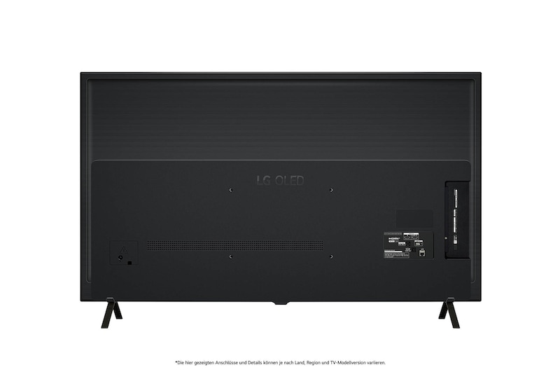 Rückansicht des LG OLED AI B4 4K Smart TVs mit ebenem Rückgehäuse und zwei V-förmigen Standfüßen.