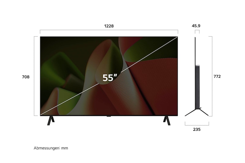 Abmessungsdiagramm des LG OLED AI B4 4K Smart TVs: Breite 1228mm, Höhe 708 mm (Panel), 772 mm mit Standfuß, Tiefe 45,9 mm ohne Standfuß, 235 mm mit Standfuß.