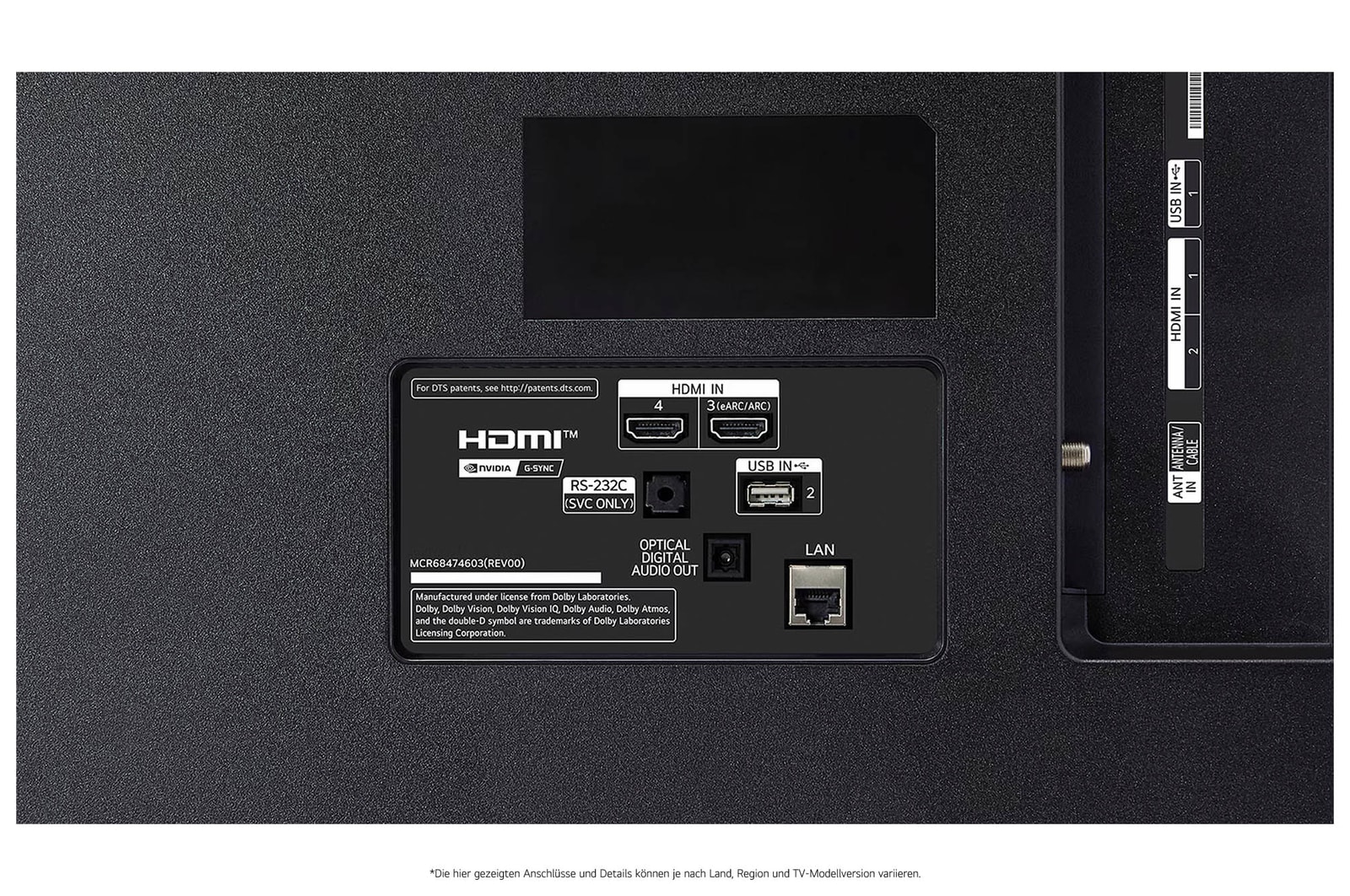 Detailansicht der Rückseite des LG OLED AI B4 4K Smart TVs mit HDMI IN 3 (eARC/ARC) und 4, USB IN 2, optischem Digital-Audio-Ausgang, RS‑232C-Serviceport, LAN- und ANT/Cable-Anschlüssen.
