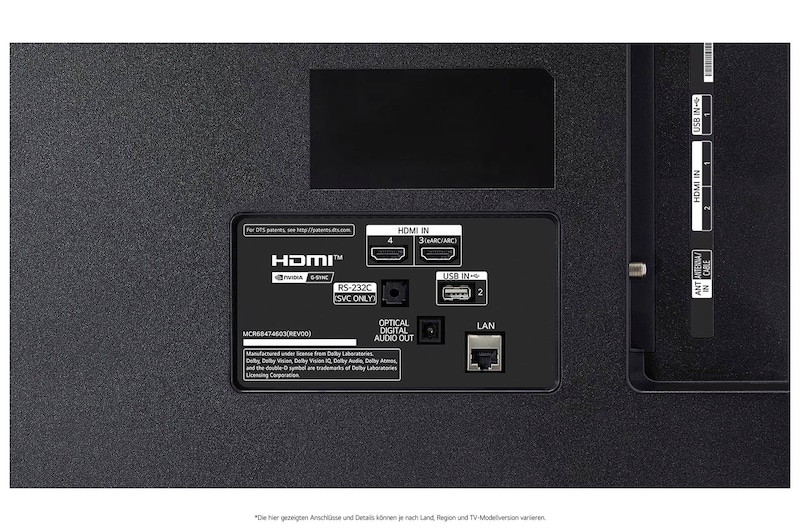 Detailansicht der Rückseite des LG OLED AI B4 4K Smart TVs mit HDMI IN 3 (eARC/ARC) und 4, USB IN 2, optischem Digital-Audio-Ausgang, RS‑232C-Serviceport, LAN- und ANT/Cable-Anschlüssen.