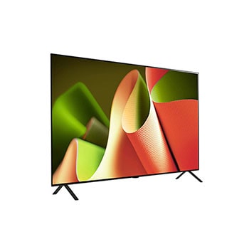 Tief geneigte Ansicht von der rechten Seite des LG OLED AI B4 4K Smart TV, die sein schlankes Seitenprofil und den Standfuß zeigt.