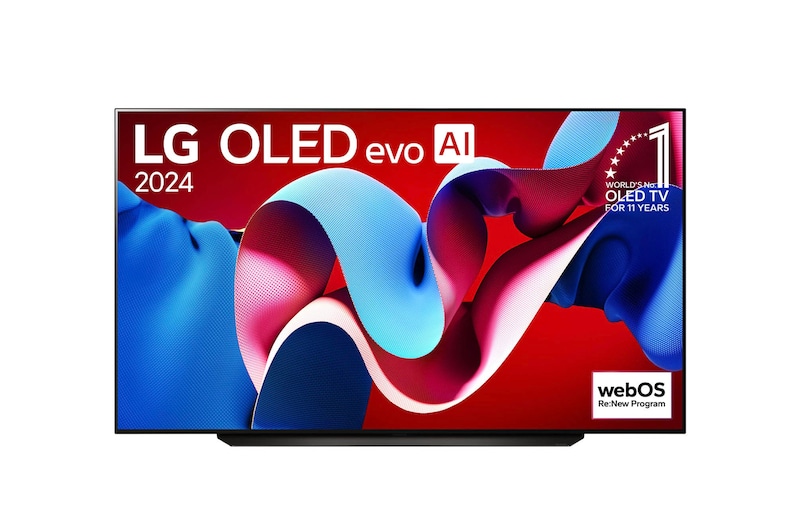 Frontansicht des LG OLED evo AI C4 4K Smart TV mit lebendigem abstraktem Farbmuster auf rotem Hintergrund