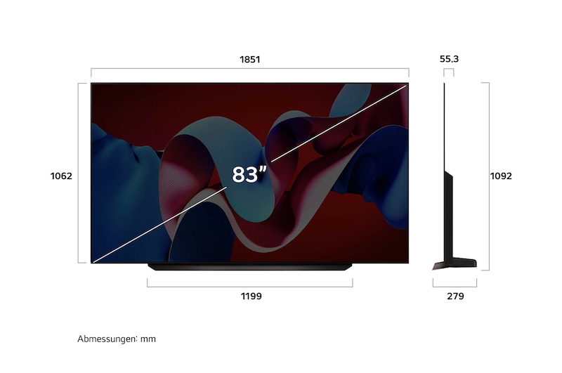 Maßzeichnung des 83-Zoll LG OLED evo AI C4 4K Smart TV mit Abmessungen in Millimetern