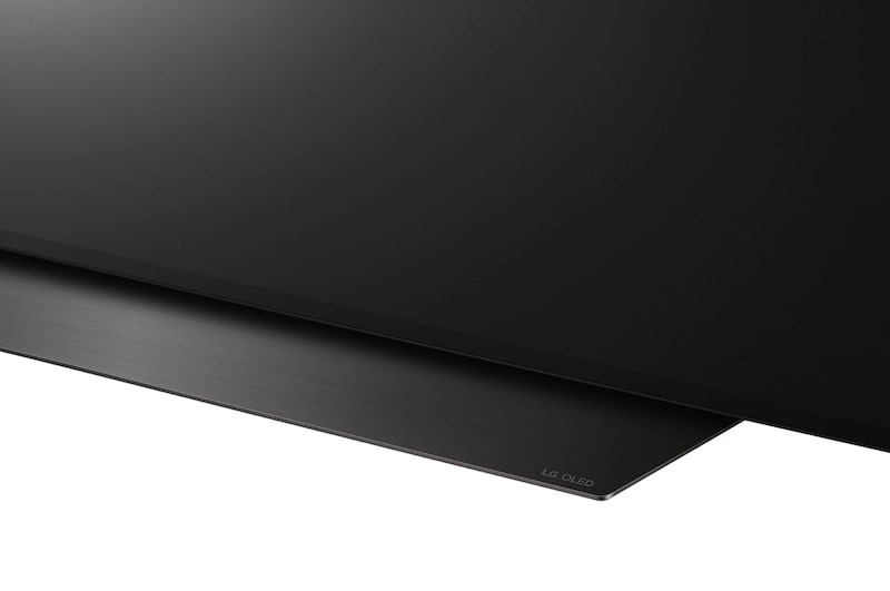 Detailaufnahme des zentralen Standfußes des LG OLED evo AI C4 4K Smart TV mit gebürsteter Oberfläche