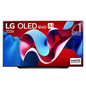 Frontansicht des LG OLED evo AI C4 4K Smart TV mit lebendigem abstraktem Farbmuster auf rotem Hintergrund