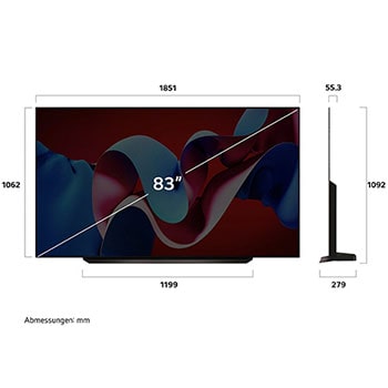 Maßzeichnung des 83-Zoll LG OLED evo AI C4 4K Smart TV mit Abmessungen in Millimetern
