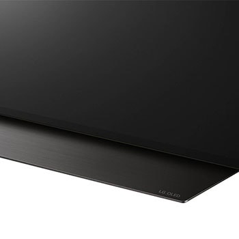 Detailaufnahme des zentralen Standfußes des LG OLED evo AI C4 4K Smart TV mit gebürsteter Oberfläche