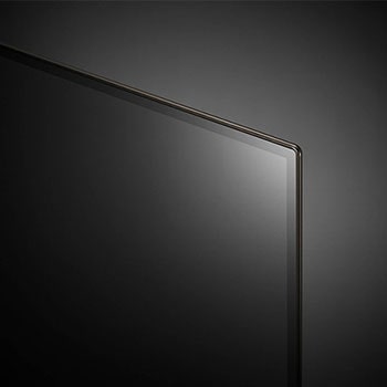 Detailaufnahme der oberen Ecke des LG OLED evo AI C4 4K Smart TV mit extrem schmalem Rahmen