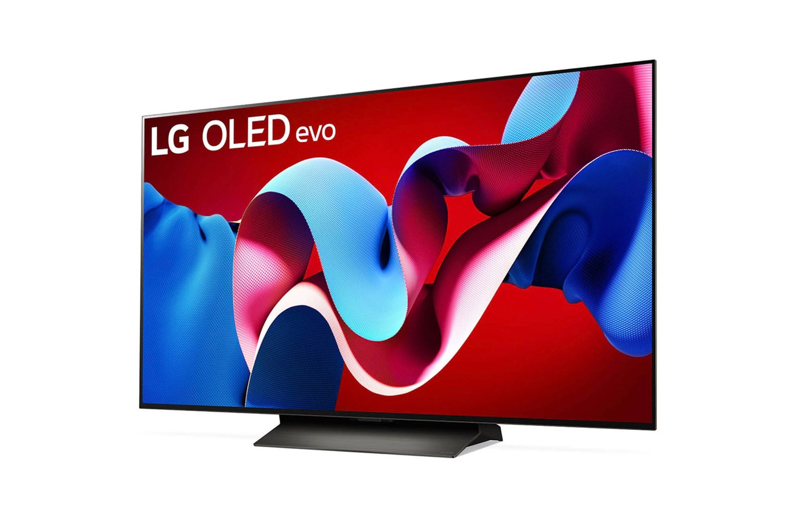 Schrägansicht von links auf den LG OLED evo AI C4 4K Smart TV mit brillanter Bilddarstellung und webOS-Branding