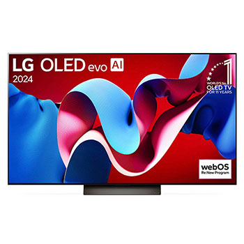 Frontansicht des LG OLED evo AI C4 4K Smart TV mit lebendigem abstraktem Farbmuster auf rotem Hintergrund