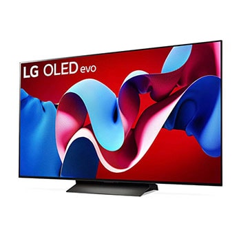 Schrägansicht von links auf den LG OLED evo AI C4 4K Smart TV mit brillanter Bilddarstellung und webOS-Branding