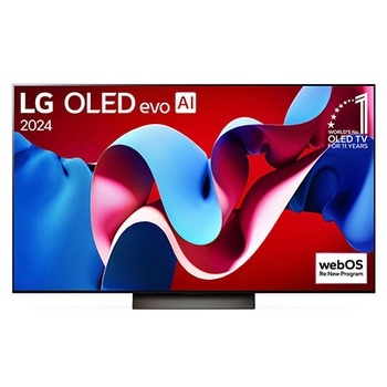 Frontansicht des LG OLED evo AI C4 4K Smart TV mit lebendigem abstraktem Farbmuster auf rotem Hintergrund