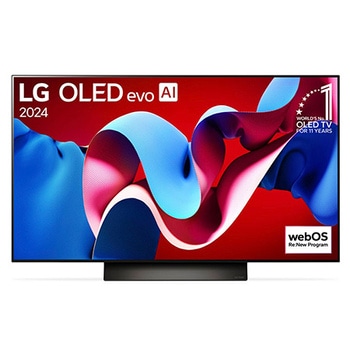 Frontansicht des LG OLED evo AI C4 4K Smart TV mit lebendigem abstraktem Farbmuster auf rotem Hintergrund