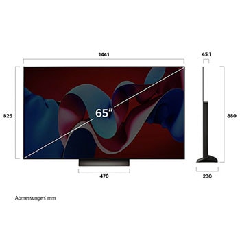 Maßzeichnung des 65-Zoll LG OLED evo AI C4 4K Smart TV mit Abmessungen in Millimetern