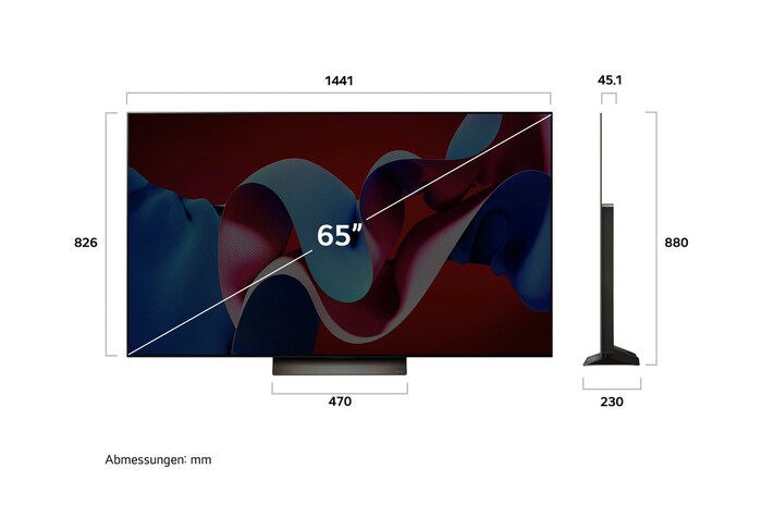 Maßzeichnung des 65-Zoll LG OLED evo AI C4 4K Smart TV mit Abmessungen in Millimetern