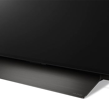 Nahaufnahme des Standfußes des LG OLED evo AI C4 4K Smart TV in metallischer Ausführung