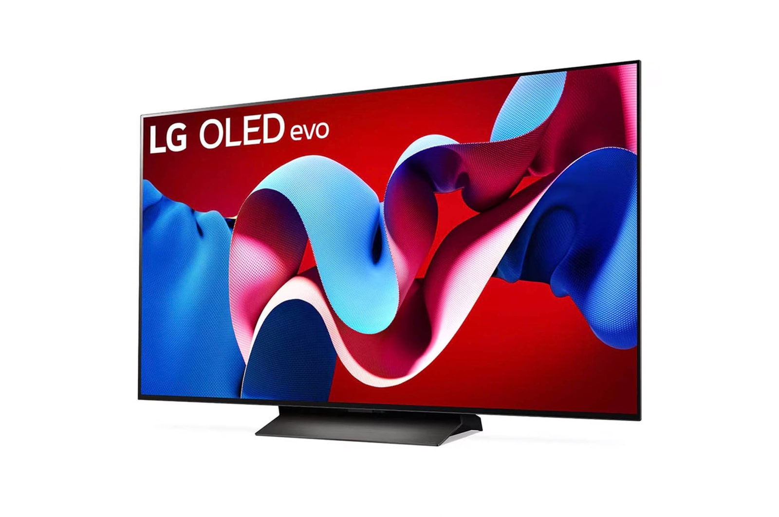 Schrägansicht von links auf den LG OLED evo AI C4 4K Smart TV mit brillanter Bilddarstellung und webOS-Branding