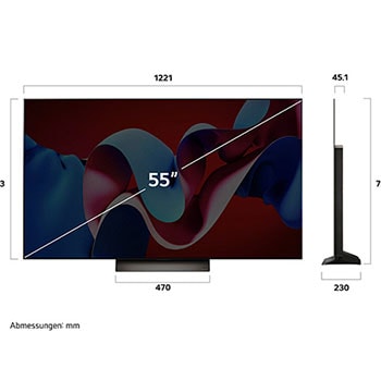 Maßzeichnung des 55-Zoll LG OLED evo AI C4 4K Smart TV mit Abmessungen in Millimetern