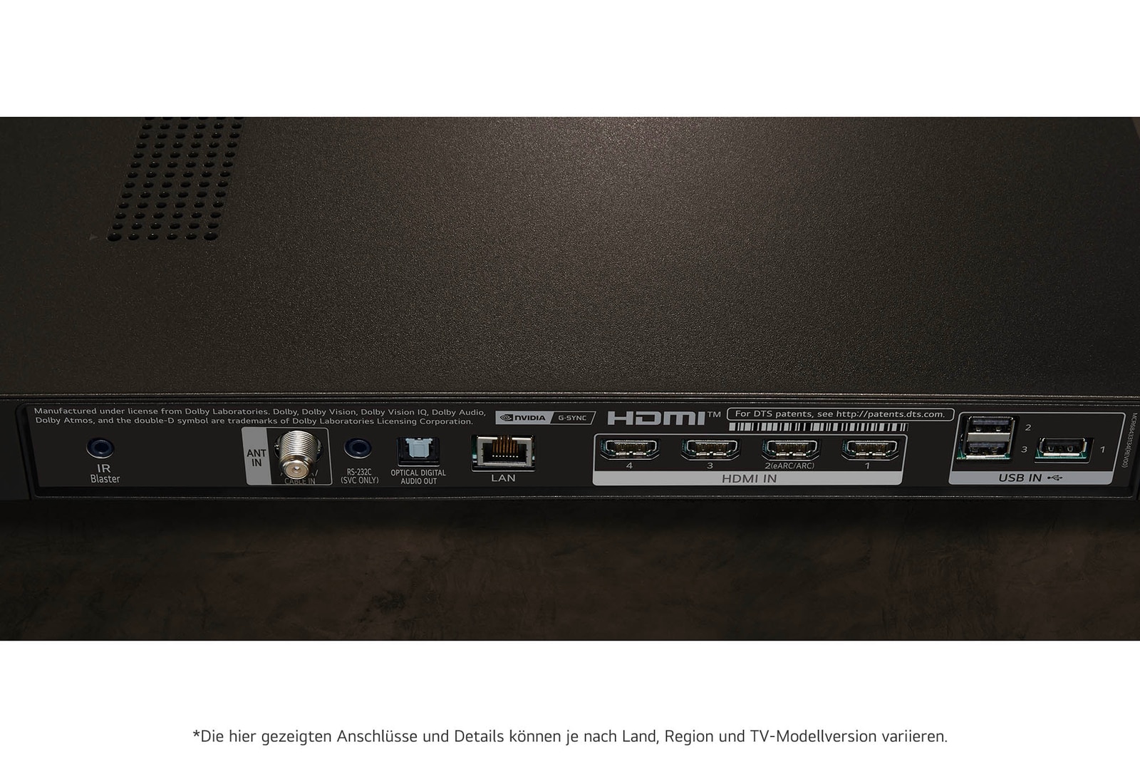 Detailaufnahme des Anschlussbereichs auf der Rückseite des LG OLED evo AI C4 4K Smart TV mit HDMI-, LAN- und USB-Ports