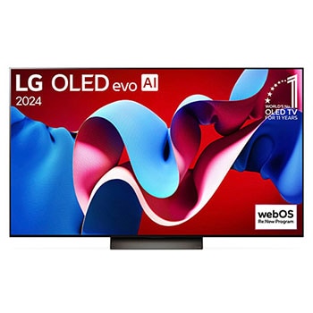 Frontansicht des LG OLED evo AI C4 4K Smart TV mit lebendigem abstraktem Farbmuster auf rotem Hintergrund