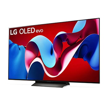 Schrägansicht von links auf den LG OLED evo AI C4 4K Smart TV mit brillanter Bilddarstellung und webOS-Branding