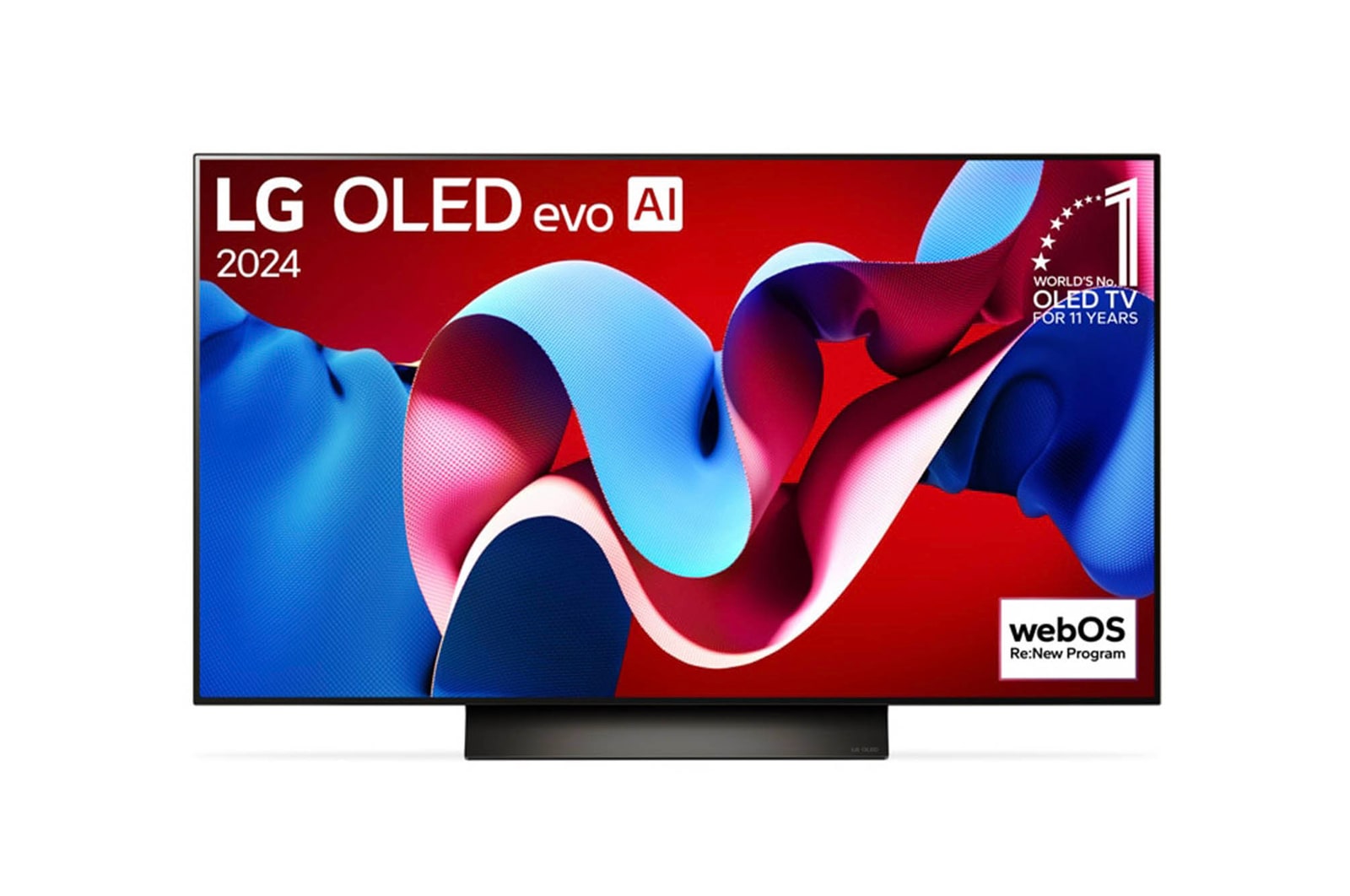 Frontansicht des LG OLED evo AI C4 4K Smart TV mit lebendigem abstraktem Farbmuster auf rotem Hintergrund
