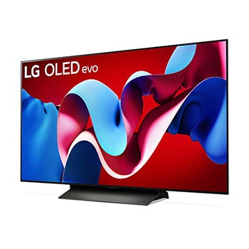 Schrägansicht von links auf den LG OLED evo AI C4 4K Smart TV mit brillanter Bilddarstellung und webOS-Branding