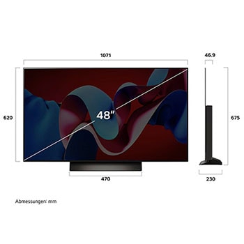 Maßzeichnung des 48-Zoll LG OLED evo AI C4 4K Smart TV mit Abmessungen in Millimetern